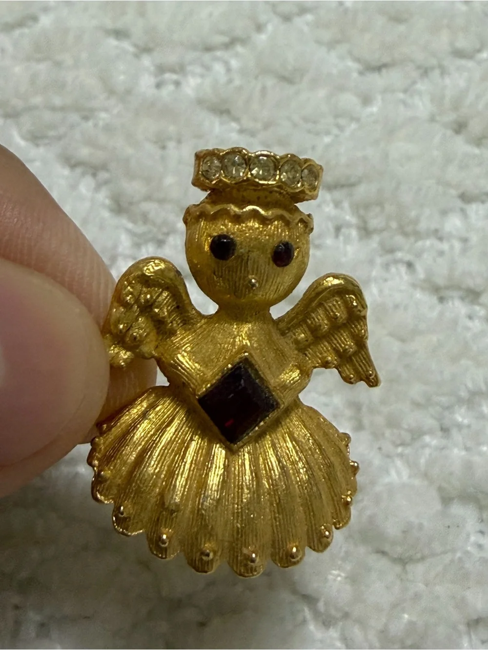 Vintage Ultra Signed Angel Brooch Pin Jeweled Textured Gold Tone